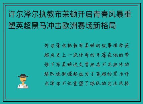 许尔泽尔执教布莱顿开启青春风暴重塑英超黑马冲击欧洲赛场新格局 许尔泽尔执教布莱顿开启青春风暴重塑英超黑马冲击欧洲赛场新格局